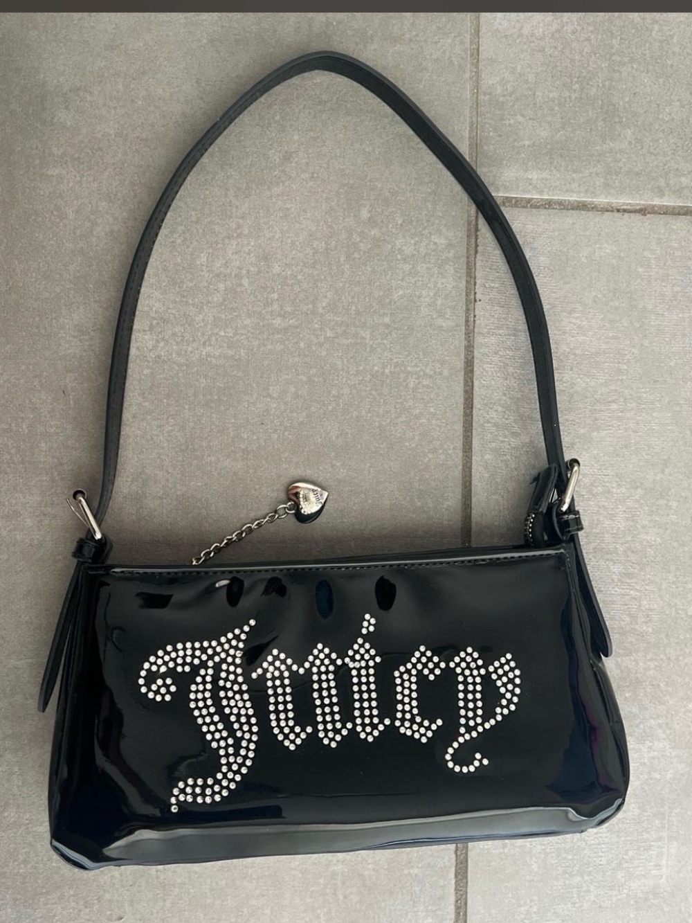 Juicy Couture Black Patent Rhinestone Script Shoulder Bag with Heart Charm